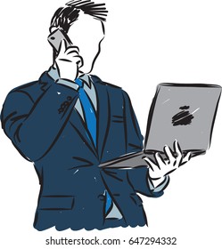 business man with phone and laptop vector illustration