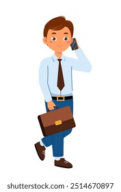 Business man with phone. Young guy in suit with briefcase. Entrepreneurship and business. Manager and clerk in office with smartphone. Flat vector illustration isolated on white background