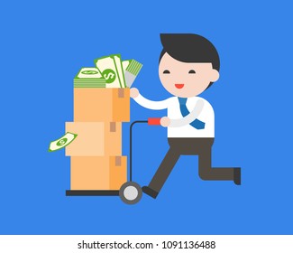 Business man pick cart full with dollar banknotes in parcel, flat design about business situation concept