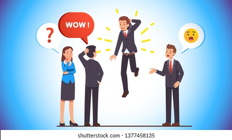 Business man picking himself up and lifting holding by the collar to amazement & surprise of puzzled business people crowd. Self motivation rising concept. Flat vector character illustration