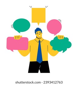 Business man picking up  thought bubbles.The dialogue, communication, thoughts, ideas, messages. Flat vector illustration isolated on white background
