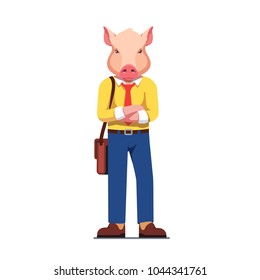 Business man with pig head standing with folded arms. Pig animal head person character wearing trendy clothes. Flat style vector illustration isolated on white background