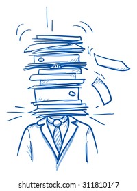 Business man with pile of files instead of head, concept of stress, burnout, headache, depression, hard work, hand drawn doodle vector illustration