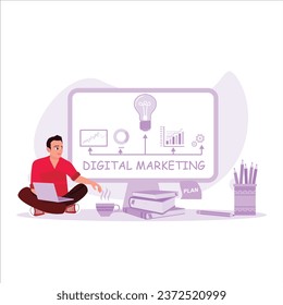 Business man planning and brainstorming on his new project. Marketing Digital Technologies concept. Trend Modern vector flat illustration