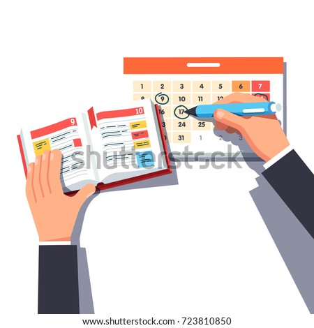 Business man planning his day schedule in paper diary note book & appointment calendar. Writing marks with his pen. Flat style vector illustration isolated on white background.
