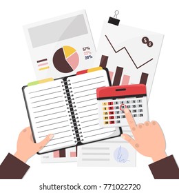 Business man planning his work in paper notebook and calendar. Business analyst or auditor working, paper documents office working concept. Vector illustration. 