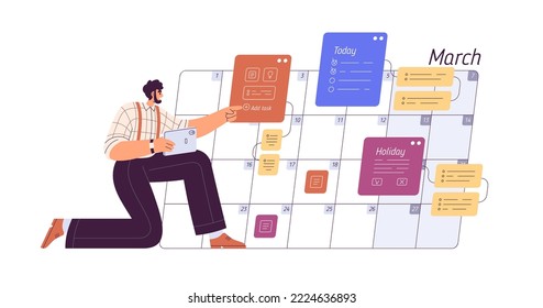 Business man planning month schedule in calendar. Work and holiday timetable, planner concept. Effective time management and organization. Flat graphic vector illustration isolated on white background