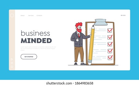 Business Man Planning, Presenting Task Solutions Landing Page Template. Businessman Character with Pencil Stand at Checklist with Marks in Check Boxes on Huge Clipboard. Linear Vector Illustration