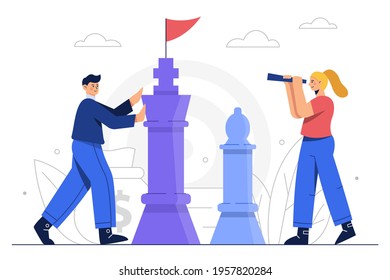 Business Man plans a business like playing a game of chess with a competitor's business assistant. 