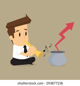 business man playing flute, arrows out of the pot. vector