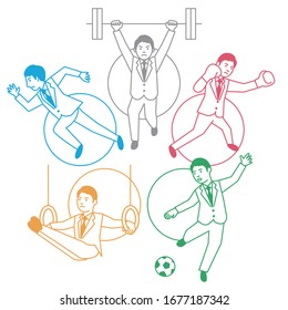 Business man playing multiple sports on white background. Vector illustration.