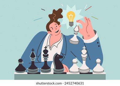 Ein Geschäftsmann spielt Schach, entwickelt neue Ideen für die strategische Entwicklung in der Gesellschaft, sitzt mit Glühbirne über dem Kopf. Bedeutung von strategischem Denken und innovativen Ideen im Management