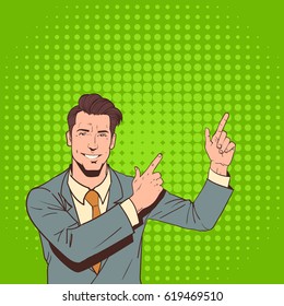 Business Man Point Finger To Copy Space Pop Art Colorful Retro Style Vector Illustration