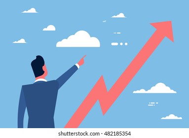 Business Man Point Finger To Red Arrow Up Financial Success Concept Flat Vector Illustration