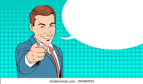 Business Man Point Finger At You Chat Bubble Pop Art Colorful Retro Style Vector Illustration