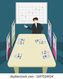 Business man point graph on board to show to others men via mobile phone , tele conference for work at home concept.