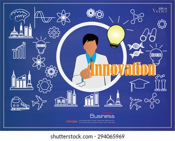 business man point to  Innovation with sketch icon on chalkboard.Innovation concept,innovation . vector illustration.