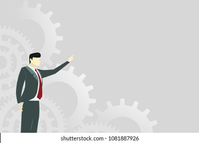 business man point to the space with set of mechanical gear in background