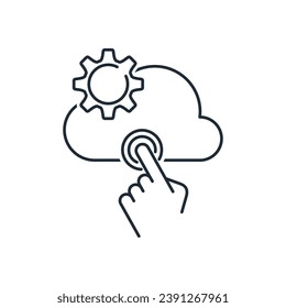 Business man pointing at cloud computing and connected world wide application network.  Works  cloud computer.  Vector linear illustration icon isolated on white background.