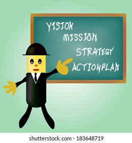 business man pointing business concept vision - mission - strategy - action plan. 