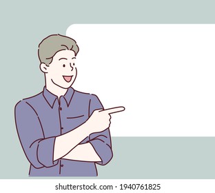 Business man pointing finger at copy space. Presentation concept. Hand drawn in thin line style, vector illustrations. 