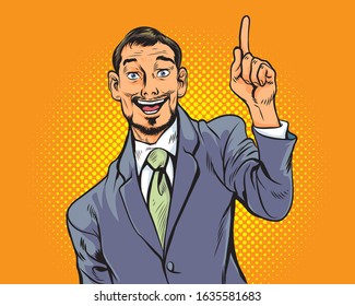 business Man pointing finger get idea retro in the pop art comics style.