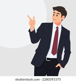 Business man pointing finger at something. Happy face. Flat vector, illustrations.