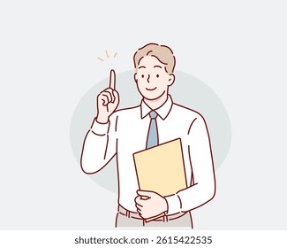 Business man pointing finger at something. male business worker holding a file.  Hand drawn style vector design illustrations.