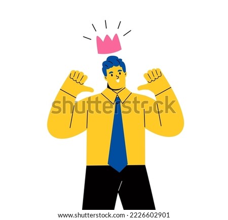 Business man pointing himself with both hands confident. Concept of positive self esteem. Flat vector illustration isolated on white background 