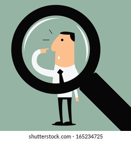 Business man pointing at himself in the frame of magnifying glass as he realize to be chosen or selected. Recruitment or selection concept. 