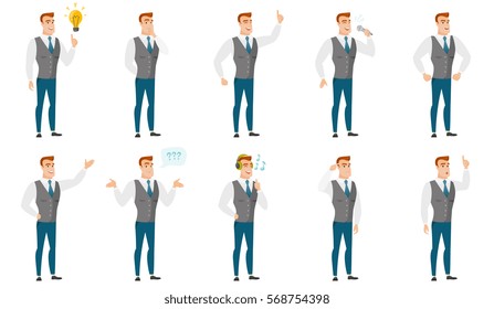 Business man pointing with his finger. Full length of business man pointing his finger up. Business man with finger pointing up. Set of vector flat design illustrations isolated on white background.