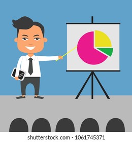 Business man pointing presentation graph cartoon vector illustration