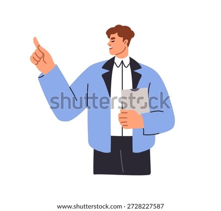 Business man pointing, presenting with hand gesture. Office worker manager showing, indicating with index finger. Advisor employee with clipboard. Flat vector illustration isolated on white background