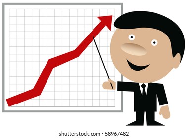 Business man with pointing stick showing chart on a whiteboard with red arrow going up.