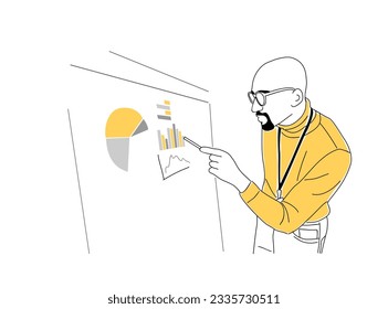 Business man pointing to whiteboard with research data, doing presentation, taking part in seminar, business activities. Vector line art illustration isolated on white background