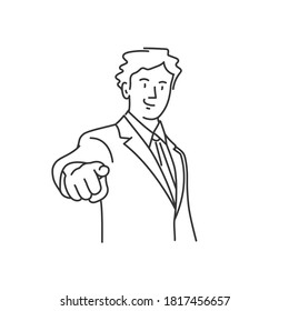 Business man pointing at you forefinger. Vector line.