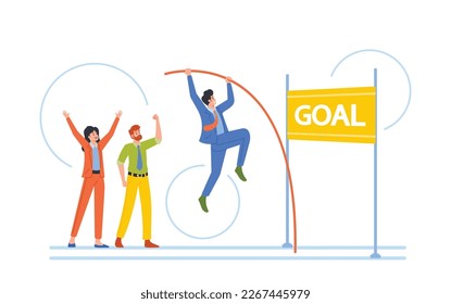 Business Man with Pole Jumping over Barrier Reaching the Goal in Career or Finance. Businessman or Office Employee Character Overcome Challenge and Obstacles. Cartoon People Vector Illustration