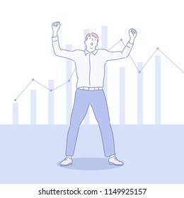 A business man is posing in front of a rising graph. hand drawn style vector design illustrations.