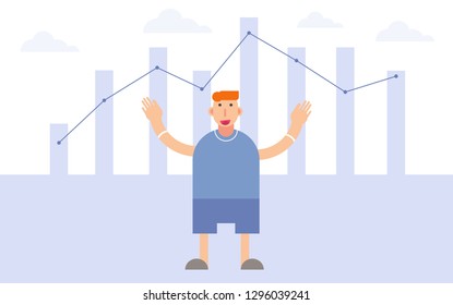A business man is posing in front of a rising graph. hand drawn style vector design illustrations.