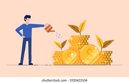 Business Man pouring water by watering can on dollar or money. Successful investor or entrepreneur. Investing and savings for retirement.