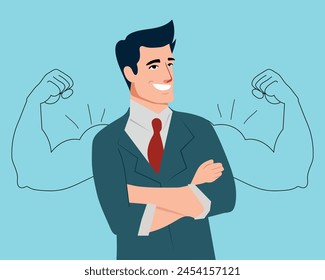 Business man power, business man self confidence, high esteem concept. Vector illustration 