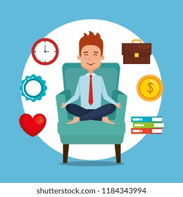 business man practicing yoga in the sofa