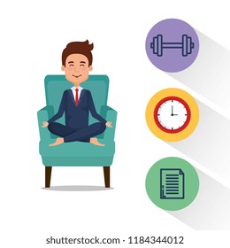 business man practicing yoga in the sofa
