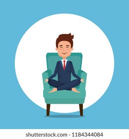 business man practicing yoga in the sofa