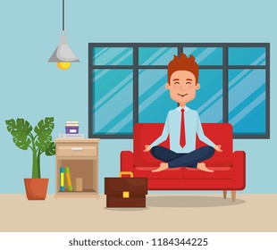 business man practicing yoga in the sofa