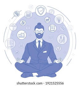 Business man practicing zen yoga meditation with office icons on the background. Multitasking and time management vector concept.