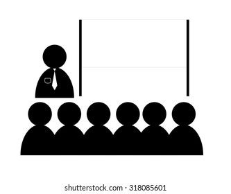 Business man with presentation board is talking to audiences