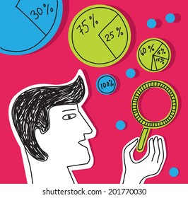 Business man presentation bubble diagramms infographics Businessman making bubble diagramms. Color doodles vector illustration.