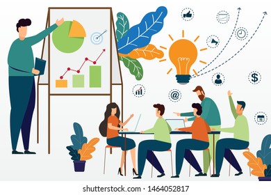 Business man presentation at front graph and teamwork with employees discussion at desk in conference room. freelancers in coworking center. business success team. vector illustration.