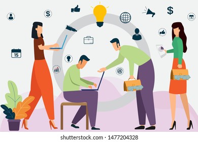 Business man presentation at front graph and teamwork with employees discussion at desk in conference room. freelancers in coworking center. business success team. vector illustration.